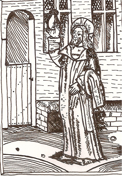 Chrystus z matulą (naczyniem do badania moczu), drzeworyt, XVI w.