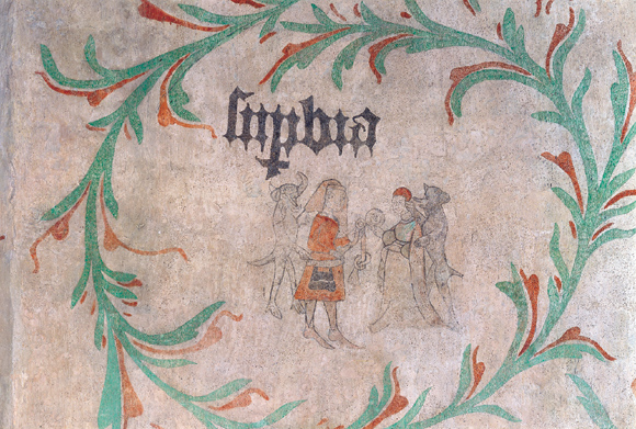 Grzech pychy w scenie Sądu Ostatecznego, malowidło w apsydzie kaplicy św. Anny szpitala św. Ducha we Fromborku, 1427-1433 r.