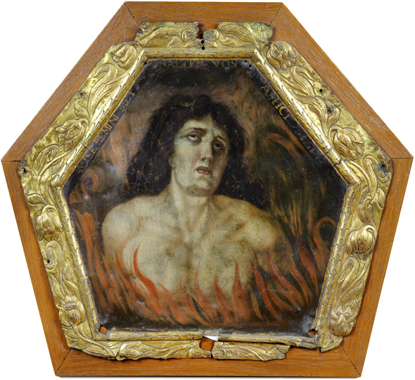 Portret trumienny, z inskrypcją łacińską (MISE REMINI MEI SALTEM VOS AMICI MEI -Tylko wy, przyjaciele myślcie o mnie dobrze) malowany na blasze miedzianej, 2.poł. XVII w. Zbiory prywatne, Śląsk