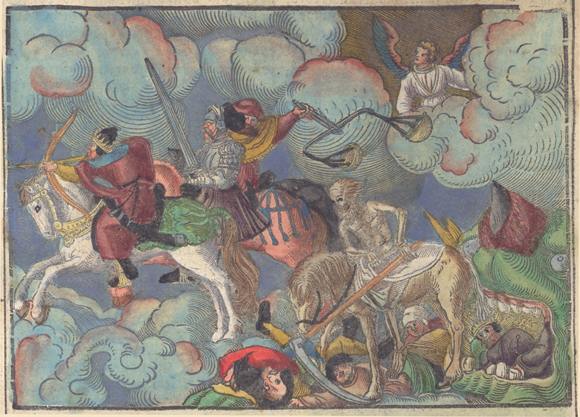 Czterej jeźdźcy apokalipsy, ilustracja z druku: Biblia to iest Kxięgi Stharego y Nowego Zakonu… Kraków 1561 Biblioteka Wyższego Seminarium Duchownego Metropolii Warmińskiej „Hosianum” w Olsztynie