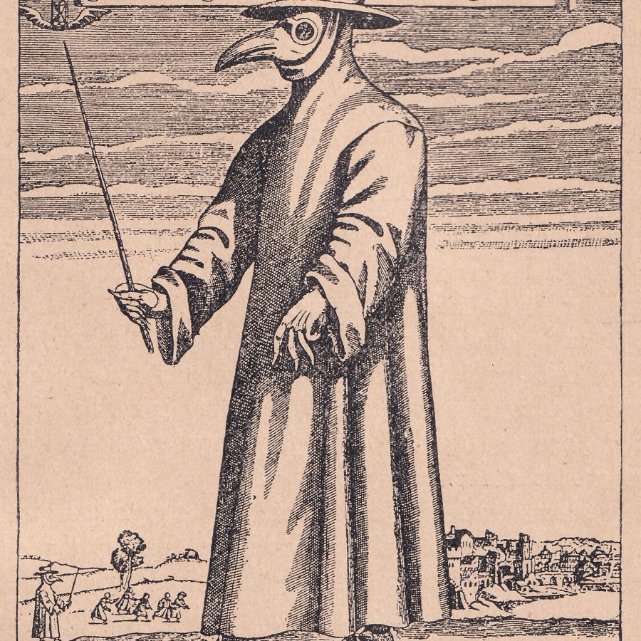 Der Doctor Schnabel von Rom, grafika satyryczna, Paul Fürst, ok. 1656, przerys grafiki z publikacji: Ł. Charewiczowa, Klęski zaraz w dawnym Lwowie, Lwów 1930, zbiory Muzeum Mikołaja Kopernika we Fromborku