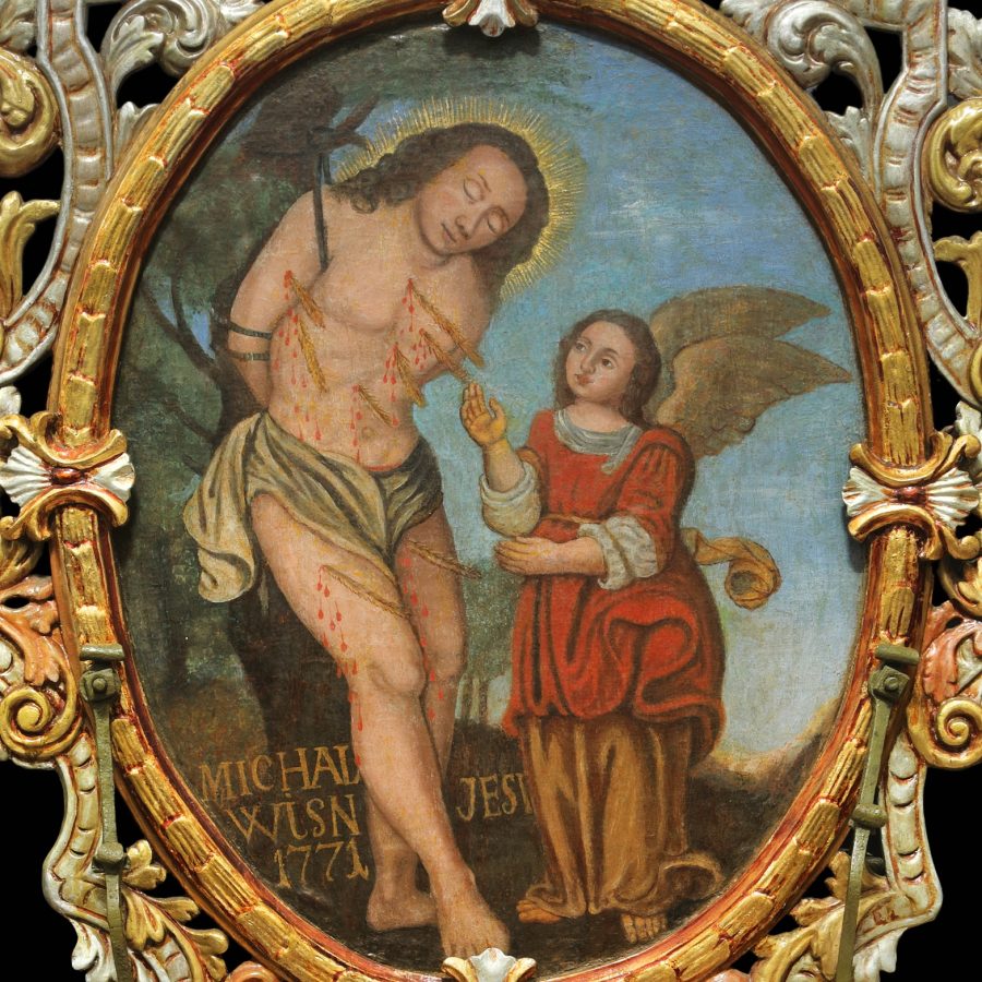Święty Sebastian i anioł wyciągający strzały z jego ciała, feretron, 1771, kościół pw. Św. Michała Archanioła i Matki Bożej Szkaplerznej, Postolin