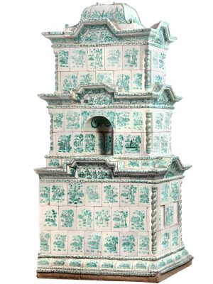 Piec barokowy ze scenami dworskimi na kaflach i stafażem architektonicznym, warsztat elbląski, 1725 r., Muzeum Mikołaja Kopernika, Frombork (pierwotnie w kanonii św Ignacego we Fromborku)