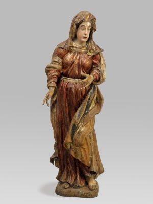 Najświętsza Maria Panna, około 1720 r. Muzeum Mikołaja Kopernika we Fromborku, (Depozyt Bazyliki Archikatedralnej p.w. Wniebowzięcia Najświętszej Marii Panny i św. Andrzeja Apostoła, Frombork, pierwotnie kościół p. w. św. Bartłomieja w Jezioranach, następnie Muzeum Warmińskie w Braniewie i Fromborku)