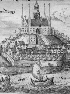 Frombork, widok z: Hartknoch Ch., Alt und Neues Preussen… Francofurtum et Lipsia, 1684 r., miedzioryt