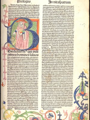 Inicjał kolorowany ręcznie, ozdobiony podobizną św. Hieronima i wiciami roślinnymi w druku: Pseudo-Hieronymus: Vitae sanctorum partum, sive Vitas partum, Nürnberg, Antonius Koberger, 5 IV 1483 Biblioteka Wyższego Seminarium Duchownego Metropolii Warmińskiej „Hosianum” w Olsztynie