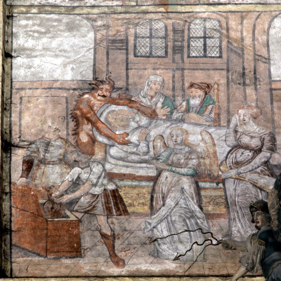 Scena Ars moriendi, malowidło ścienne w kościele p.w. św. Tomasza w Nowym Mieście Lubawskim, około 1643 r.