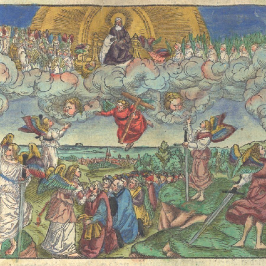 Wizja zbawionych, ilustracja do Apokalipsy św. Jana z druku: Biblia to iest Kxięgi Stharego y Nowego Zakonu… Kraków 1561 Biblioteka Wyższego Seminarium Duchownego Metropolii Warmińskiej „Hosianum” w Olsztynie
