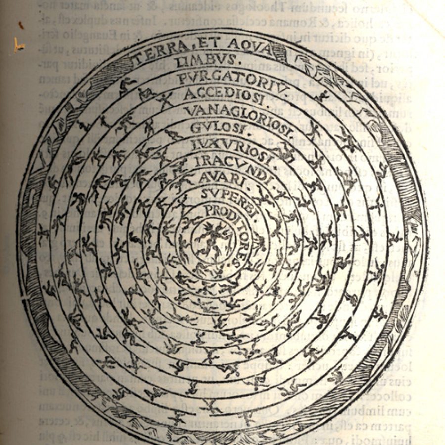 Galuccius Io. Paulus, Coelestium corporum et rerum ab ipsis pendentium accurata explicatio per instrumenta rotulas et figuras … Venetia, 1605. Na ilustracji Ziemia podzielona na kręgi piekielne, w środku Ziemi diabeł, któremu towarzyszą w najbliższym kręgu Zdrajcy (PRODITORES). Zewnętrzne kręgi wnętrza Ziemi tworzą: Otchłań (LIMBUS) i Czyściec (PURGATORIUM). Muzeum Mikołaja Kopernika we Fromborku