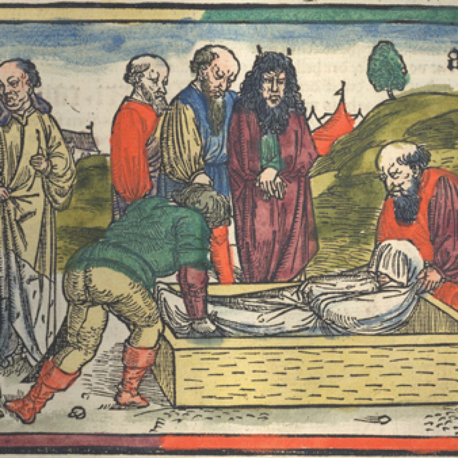 Scena pochówku z druku: Missale Warmiense. Strasbourg, Fridericus [Ruch de] Dumbach, 1497 Biblioteka Wyższego Seminarium Duchownego Metropolii Warmińskiej Hosianum w Olsztynie