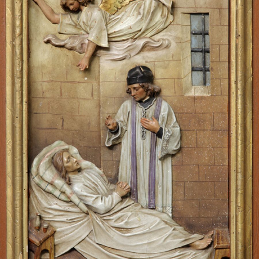 Człowiek umierający, przyjmujący sakrament chorych, scena dolna ołtarza z kościoła p.w. św. Jana Chrzciciela w Jonkowie, koniec XIX w.