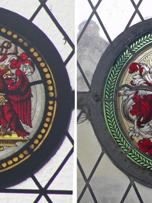 Medaliony z witrażem herbowym (herby rodziny von der Groeben i von Kleist z Ponar), koniec XIX w. Kościół p. w. św. Stanisława Biskupa i Męczennika, Boguchwały